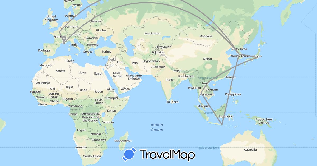TravelMap itinerary: driving, plane in France, Indonesia, Japan, South Korea, Thailand, Vietnam (Asia, Europe)